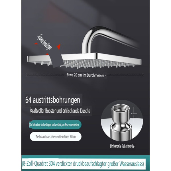 Dusjhode med regndusj, 8 tommer, 304 rustfritt stål, tykt