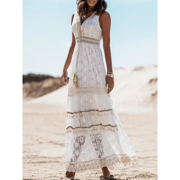 Sommar Boho Långklänningar Dam Spets V-ringning Spaghetti Rem Klänning Damer Off Shoulder Strandklänning Vit Klänning Vestidos De Mujer DHLYQ20 Beige DHLYQ20 Beige S