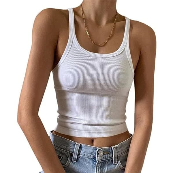 IC Ærmløs Tank Top Dame Formpassende Scoop Neck Ribbet Basic Cami-Top (Store)