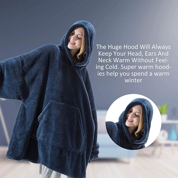Hættetrøje-tæppe, Oversized Sherpa Hættetrøje, Bærbar Hættetrøje-tæppe, Super Blød Varmt Behageligt Tæppe-Hættetrøje, One Size Passer Alle Voksne Dark Blue