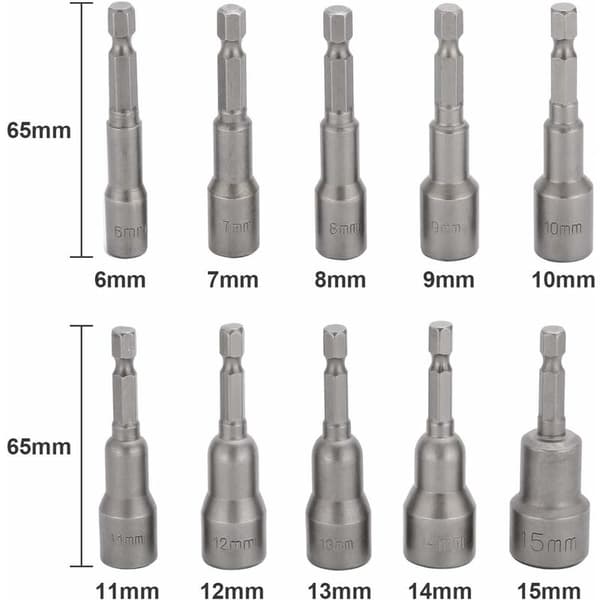 10 stk. Slagtrekkerpipebits 6-15mm Sett Magnetisk Hex Pipe Sett Magnetisk Bor Bit Hex Pipe Sett 1/4 Tomme for Hurtigskift Chuck