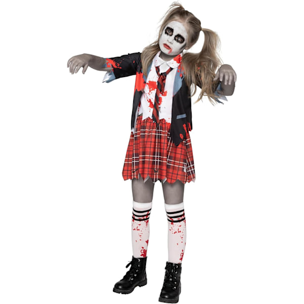 Zombie-koululaisasuku, tytölle verinen zombie-asu lapsille, halloween, koulu, tapahtumajuhlamekko röd Medium (8-10 yrs)