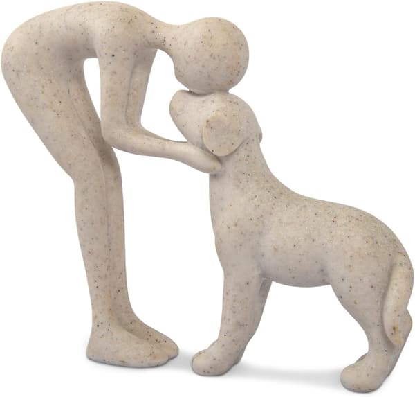 Abstrakt figur Mann og hund - Harpiksdekorasjon - Minnegave til hundeelskere - Beige
