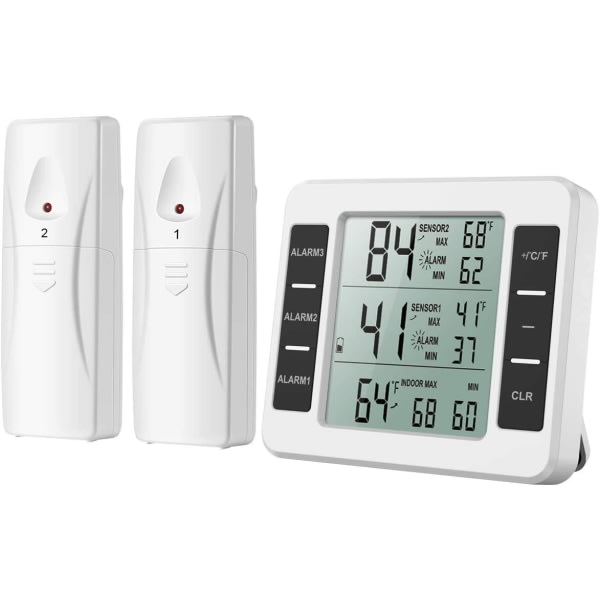 IC (Ny version) AMIR Køleskabstermometer, Trådløs Indendørs Termometer til Udendørs Brug, Sensortemperaturmonitor med Lydalarm (Batteri Medfølger Ikke)