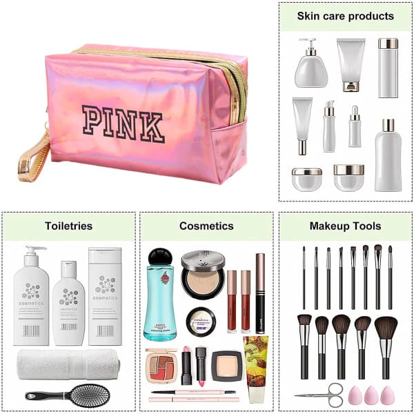 IC Makeuptasker med lynlås Rejsekosmetiktasker Iriserende makeup pink