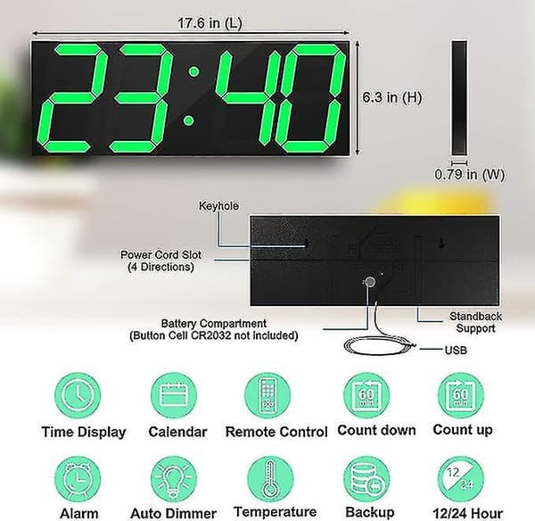 Digital LED väggklocka, stor väggklocka med siffror, fjärrkontroll upp/ner