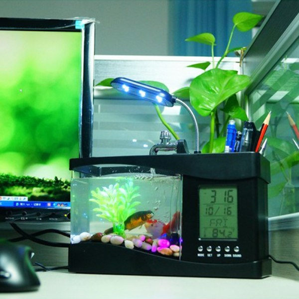 IC Kreativ multifunktionel USB Mini Akvarium Fiskedam LED Lampe Pen Liten Guldfisk Skål Sort