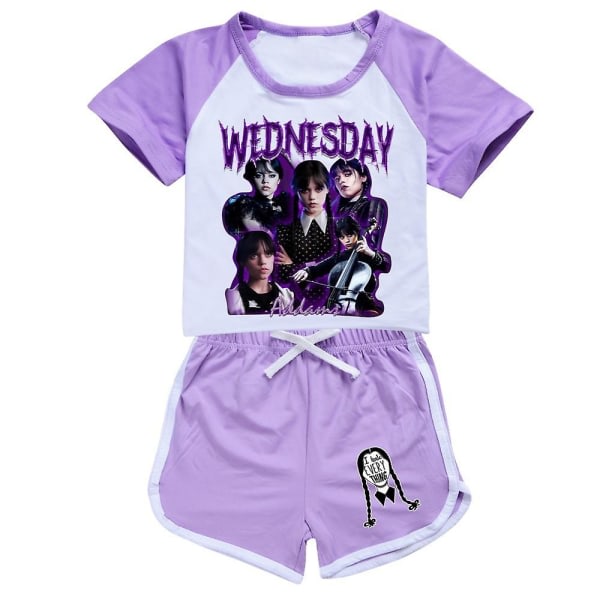 IC Onsdag Addams Printed Barn Flickor Träningsoveral Set Kortärmad T-paita Shortsit Casual Loungewear Pyjama Asut V Purppura 9-10 vuotta