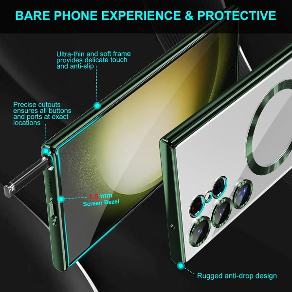 IC för Samsung Galaxy S23 Ultra MagSafe case med kameralinsskydd, magnetiskt genomskinligt case för S23 Ultra, Full skyddssplätering