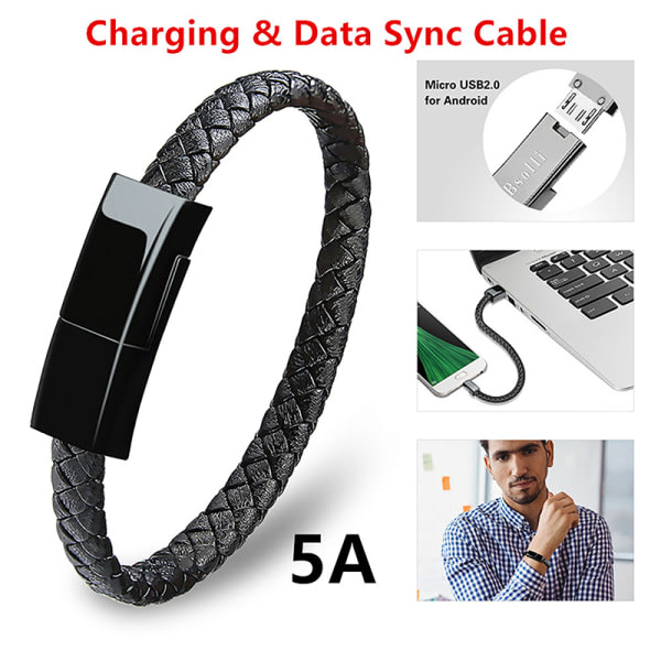 IC 5A Armbånd USB Ladingkabel Data Ladingssladd PD Mirco USB Svart 22.5CM