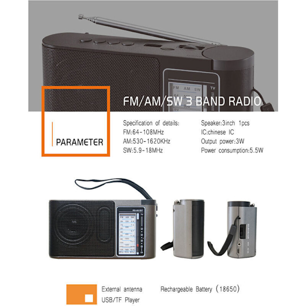 Kannettava radio, transistoriradio erinomaisella vastaanotolla ja suurella kaiuttimella, paristo- ja verkkovirralla toimiva radio senioreille, DEBUNS