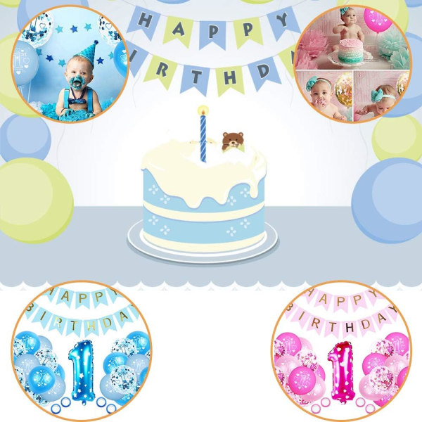 IC Födelsedagsdekoration 1 år pojke, dekoration 1:a födelsedagen, ballongblå konfetti for 1-årsfest Barnfödelsedag Grattis på födelsedagen-Rosa