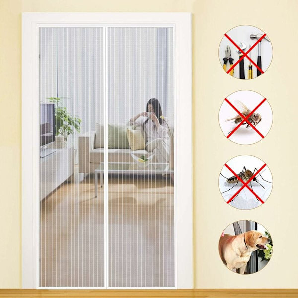 Magnetisk Skärmdörr 90x210cm Anti Fluggardin Självhäftande Tejp Automatisk Stängning Ultra Fint Nät Verktygsfri Installation Lätt för Barn och Husdjur, Vit