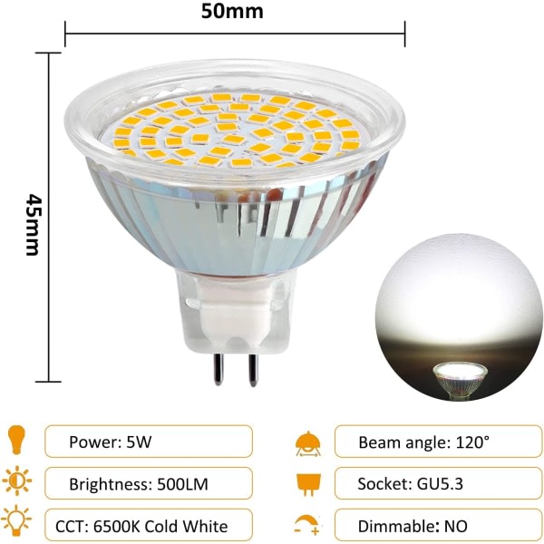 IC LED-spotlight GU5.3 12V 5W Kald Hvit 6000K, Ø50mm MR16