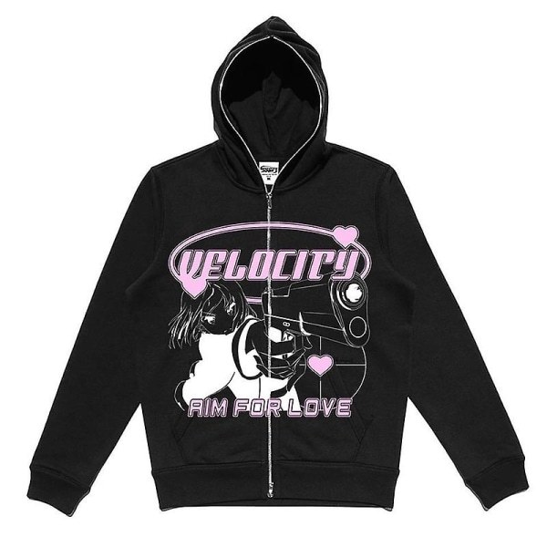 IC Y2k Zip Up Hoodie Anime Y2k Grafik Kvinde Goth Sweatshirt Sportrock Trøje Grunge Gothic Langærmet Oversized Hoodie Jakke CNMR Sort XL Sort XL