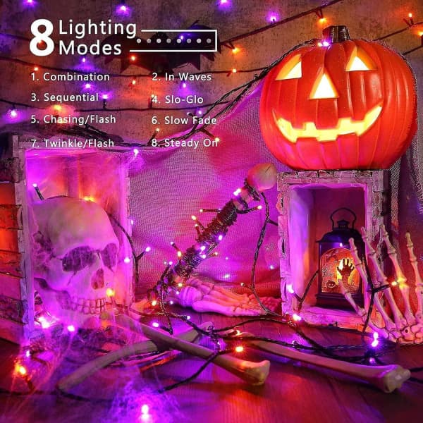 IC Orange og lilla Halloween-lys - 20 meter, 200 LED, 8 moduser