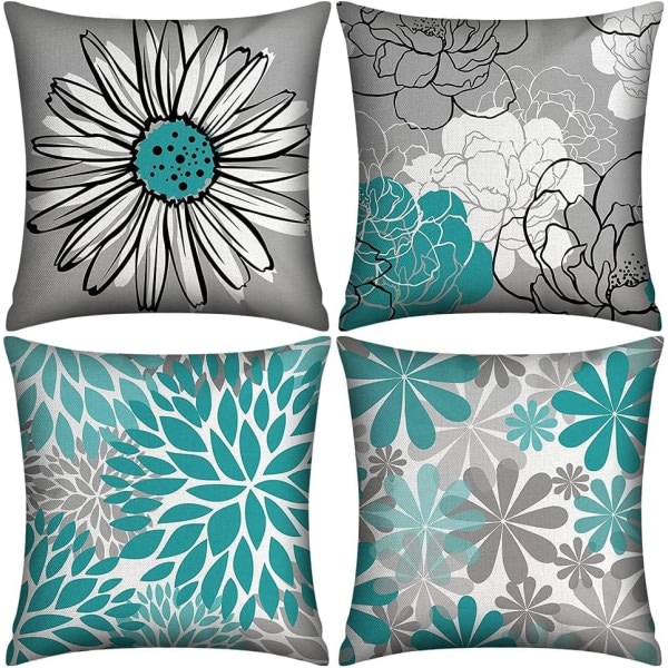 IC Blågröna kuddfodral 18x18 set om 4 turkosa och gråa dekorativa cover för soffa Modernt Daisy case, grönt, 18″×18″