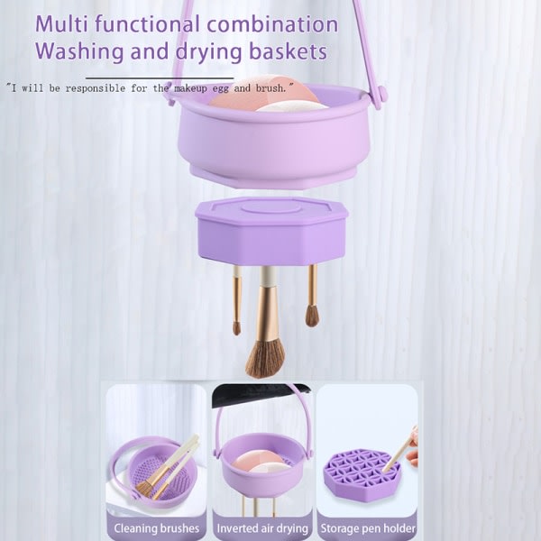 Silikon sminkborste rengøringsværktøj svamppuff tvättkorg Purple Combination