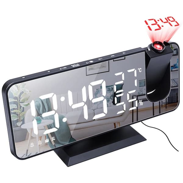 Projektionsväckarklocka med USB-anslutning, stor LED-spegeldisplay, dubbla larm och snooze för sovrummet, svart