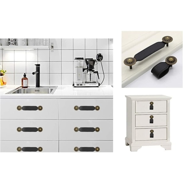 IC Lærhåndtak Skuffeknapper Håndtak Trekk for Kjøkkenskap Baderomsskap Garderobe 8stk/ sett (78mm, svart)