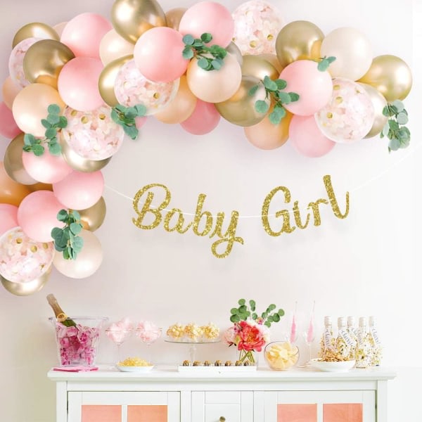 IC Sweet Baby Co. Baby shower flickor med rosa ballongbågsgirlander, baby
