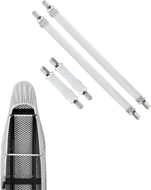 Strykbrädsöverdragsremmar med metallklämmor, 4-pack justerbara elastiska fästen för lakan och dukar, vit