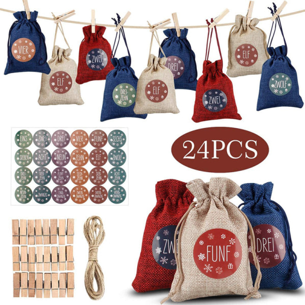 IC Adventskalender för att fylla 24 presentpåsar + 24 klistermärken Tygpåse DIY julklapp röd