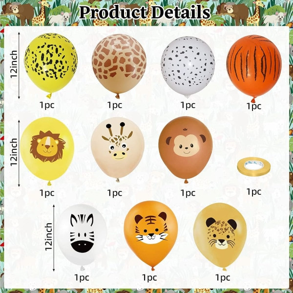 IC Jungle Safari Print, 12\" Leopard Tiger Giraf Zebra Løve Abe Print til Børn, Helium Balloner med Dyrepark Tema