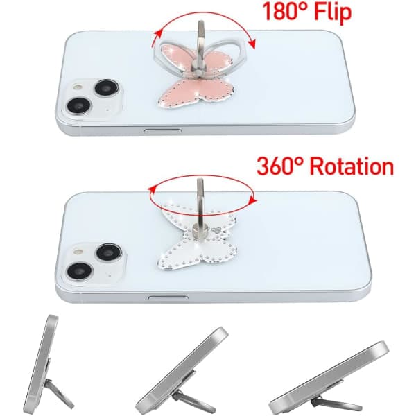 3 stk Diamant Sommerfugl Telefon Ring Holder 360° Roterende Metall