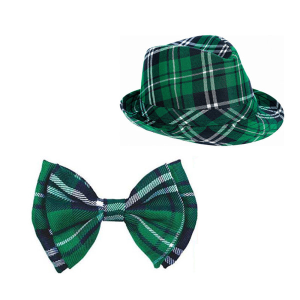 IG St Patrick's Day Grön pläd hatt och fluga Irish Party set