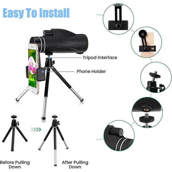Monokular 80x100 Højtydende HD Monokular Starscope Monokular med Smartphoneholder og Vandafvisende Stativ