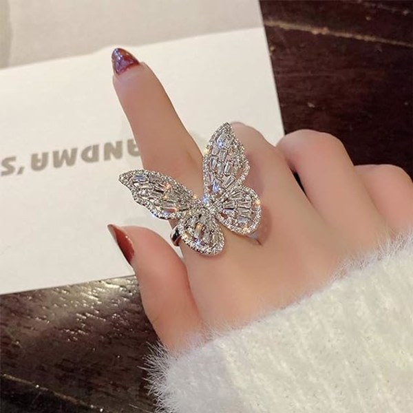 IC Cubic Zirconia Butterfly Ring Glittrande Kristall Bow-Knot Knuckle Ring Bröllopssmycken for women and flickor (sølv)