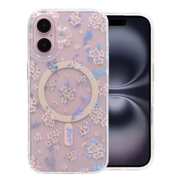 Laser Engraved Floral Rhinestone MagSafe Case For iPhone 16 Pink Geranium Rosa