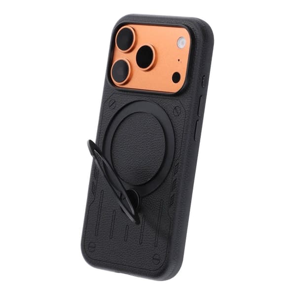 Mecha-Style Litchi Grain 360 Rotating Stand Phone Case For iPhone 17 Pro/18 Pro Black
