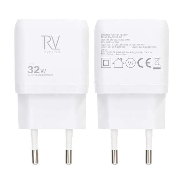 Rvelon Väggladdare USB-C + 2x USB-A 32W GaN - Vit Vit