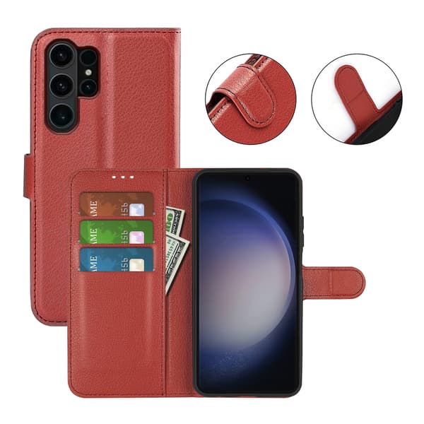 Flip Stand Leather Wallet Case For Samsung Galaxy S24 Ultra Brown