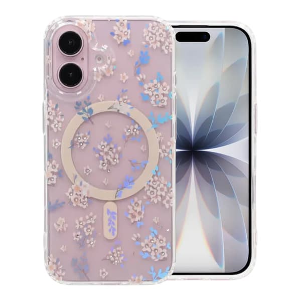 Laser Engraved Floral Rhinestone MagSafe Case For iPhone 17 Pink Geranium Rosa