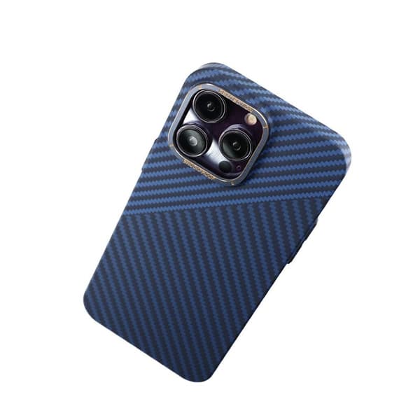 iPhone 14 Pro Max Kevlar Carbon Fiber Phone Case Blue+Grey Blå