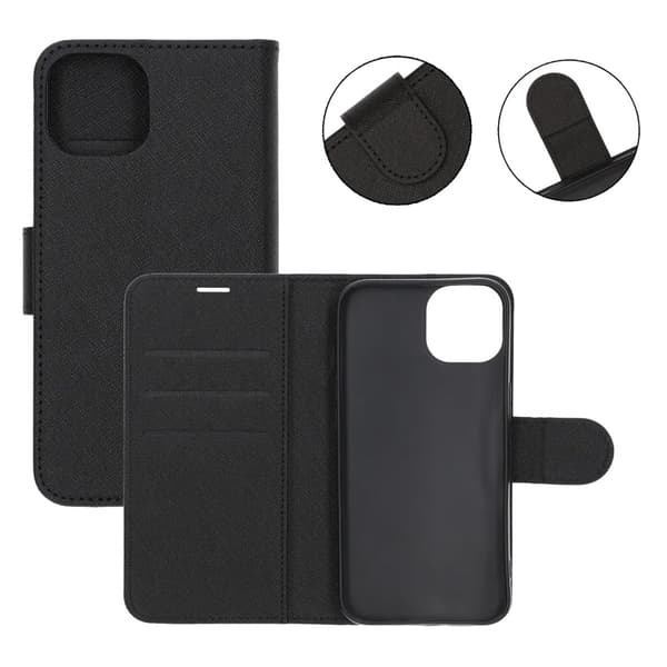 iPhone 13/14 Flip Stand Leather Wallet Case Black Svart
