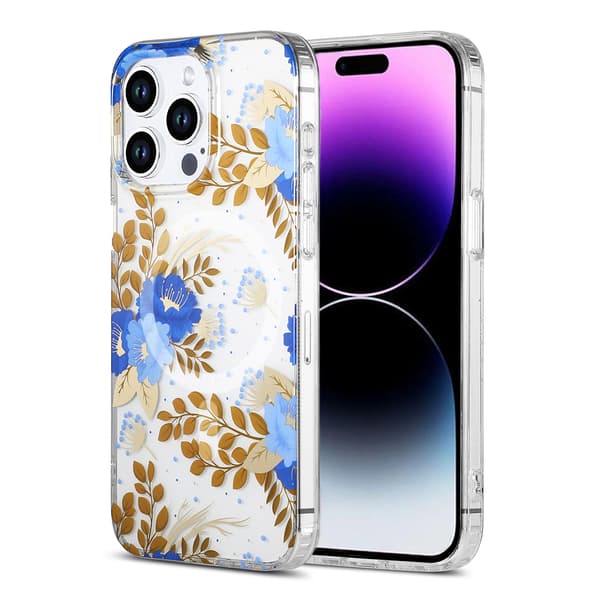 iPhone 14 Pro Max Case MagSafe - Flowers Blue/Gold Blå