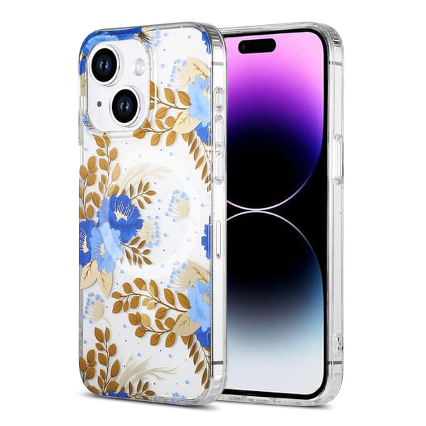 iPhone 14/15 Plus Case MagSafe - Flowers Blue/Gold Blå