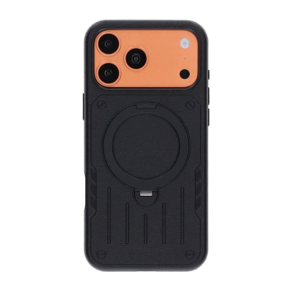 Mecha-Style Litchi Grain 360 Rotating Stand Phone Case For iPhone 17 Pro/18 Pro Black