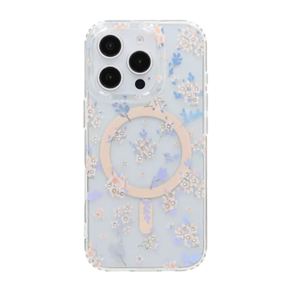 Laser Engraved Floral Rhinestone MagSafe Case For iPhone 16 Pro Max Pink Geranium Rosa