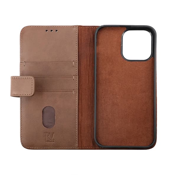 iPhone 14 Pro Wallet Case Leather Rvelon - Brown Brun