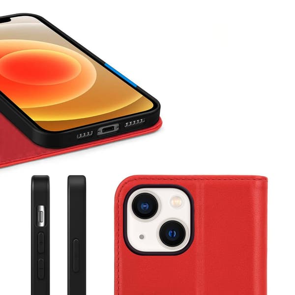 iPhone 13 Wallet Case Leather Rvelon - Red Röd