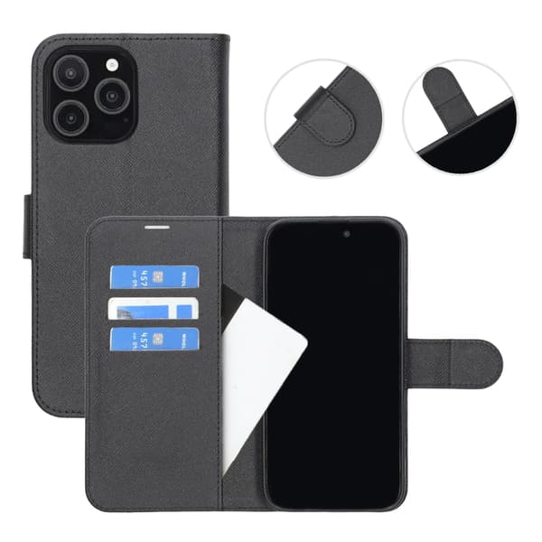 Flip Stand Leather Wallet Case For iPhone 16 Pro Max Black Svart