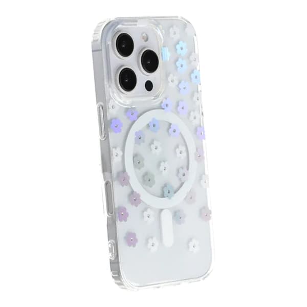 Laser Engraved Floral Rhinestone MagSafe Case For iPhone 16 Pro Max Mini Cream Blossom