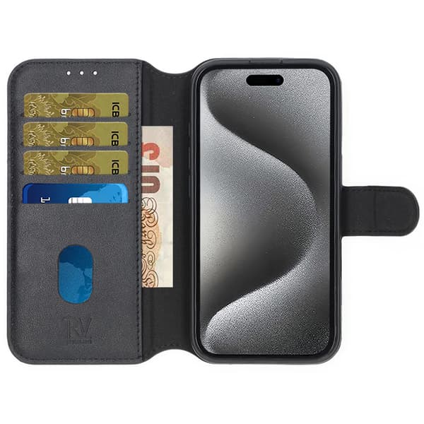 RV Genuine leather Wallet Case iPhone 16 Plus Black Svart