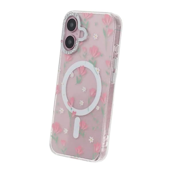 Blommigt Skal med Magsafe för iPhone 16 - Rosa Sakura Pink