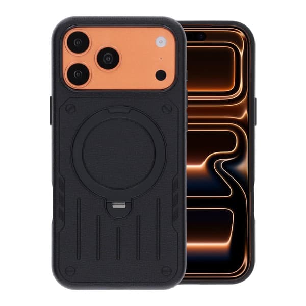 Mecha-Style Litchi Grain 360 Rotating Stand Phone Case For iPhone 17 Pro/18 Pro Black